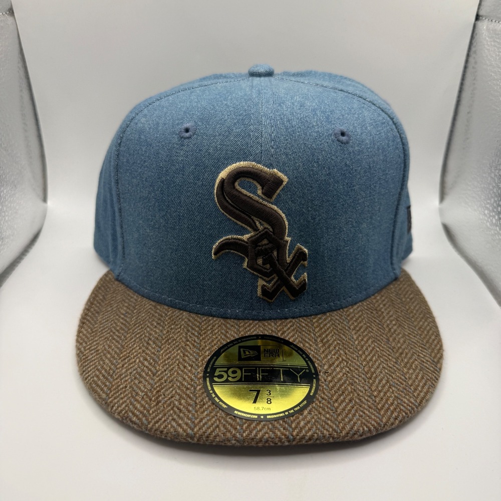 New Era 59FIFTY Chicago White Sox Fitted Hat 7 3/8 Denim Herringbone Blue Brown - Picture 1 of 5